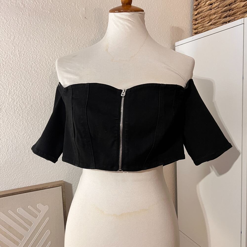 True Religion Womens Black Zipper Off Shoulder Cropped‎ Top Sz XL NWT Y2K